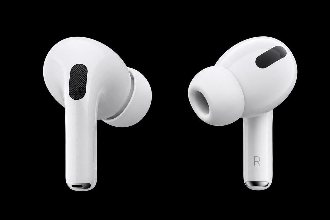 A pair of white AirPods Pro 3 earbuds on a black background.