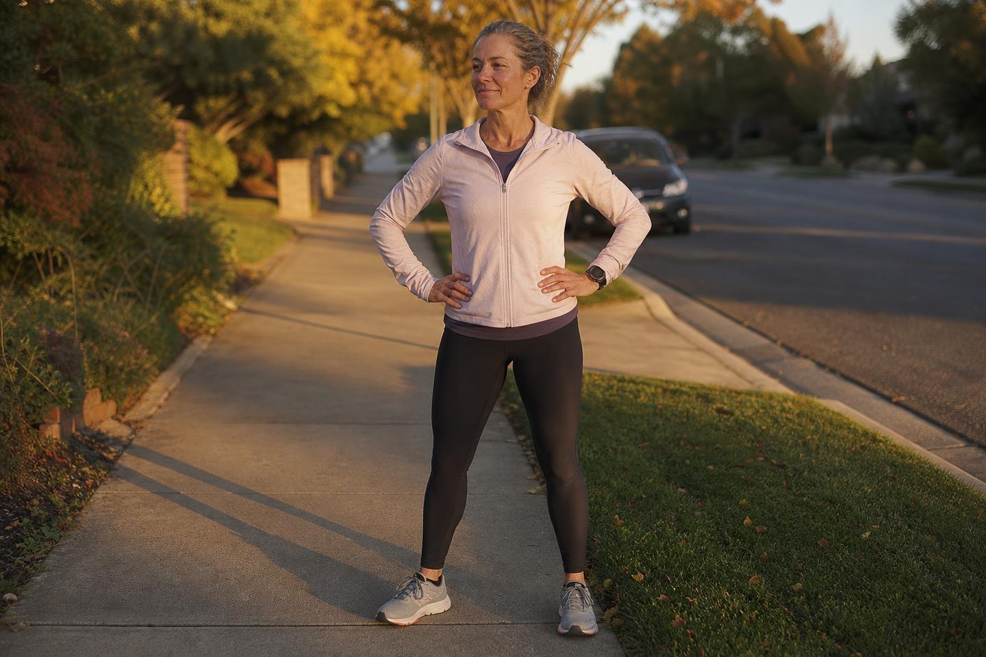 A woman in her mid-forties stands on a sidewalk in golden-hour light at the end of a run, hands on her hips, quietly content.