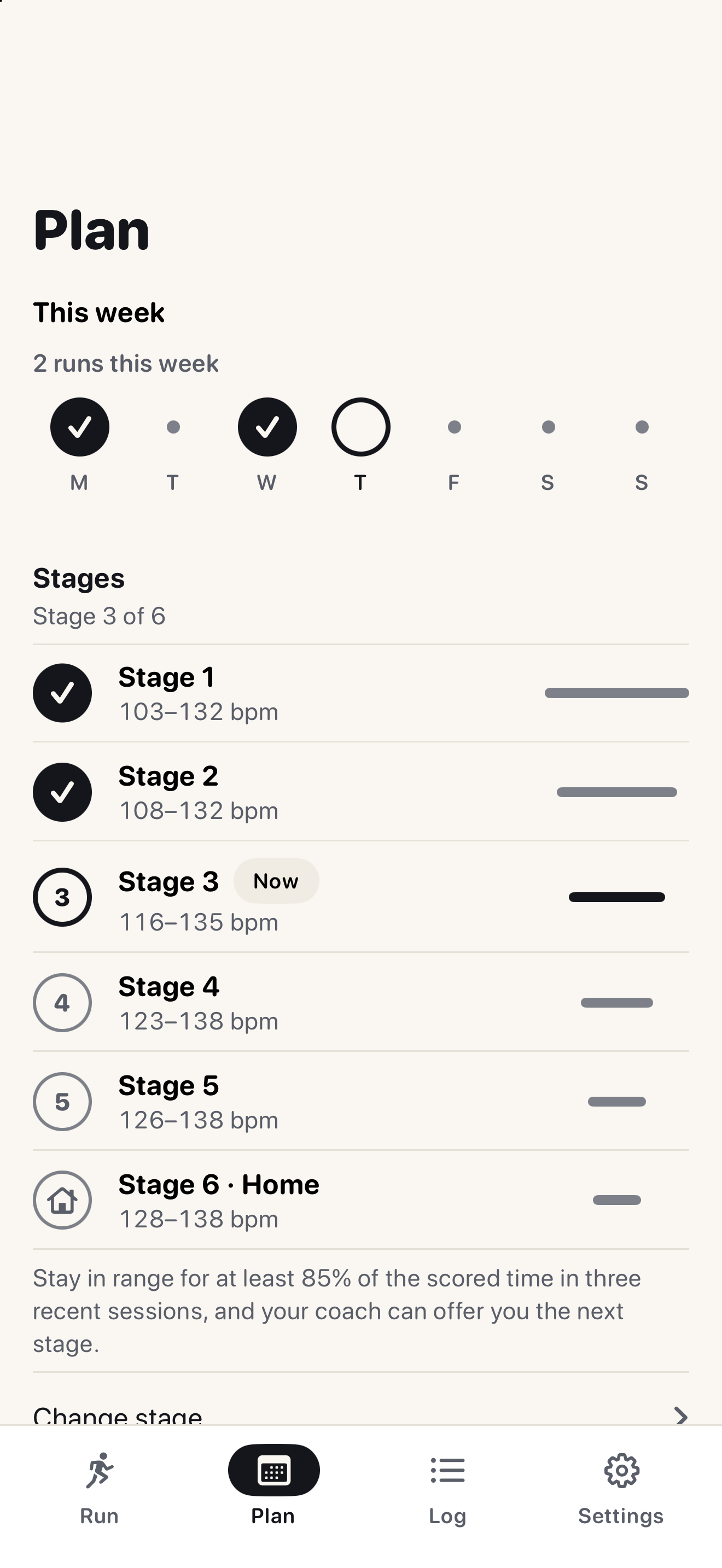 First Gear's Plan tab on iPhone in light mode: two runs done this week, and six stages listed with heart-rate ranges that narrow at each stage, stage 3 of 6 marked Now at 116 to 135 bpm.