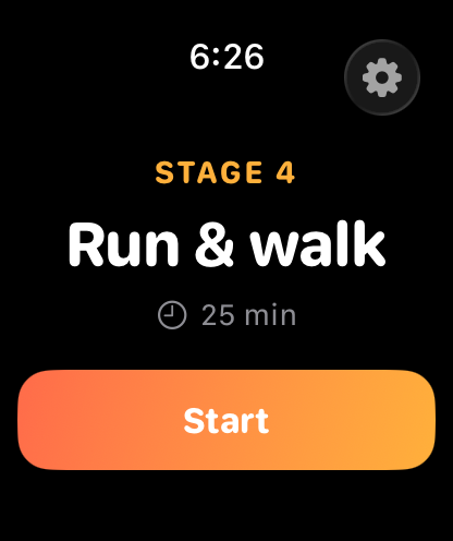 Apple Watch showing the First Gear session start screen, ready to go with no phone in sight.